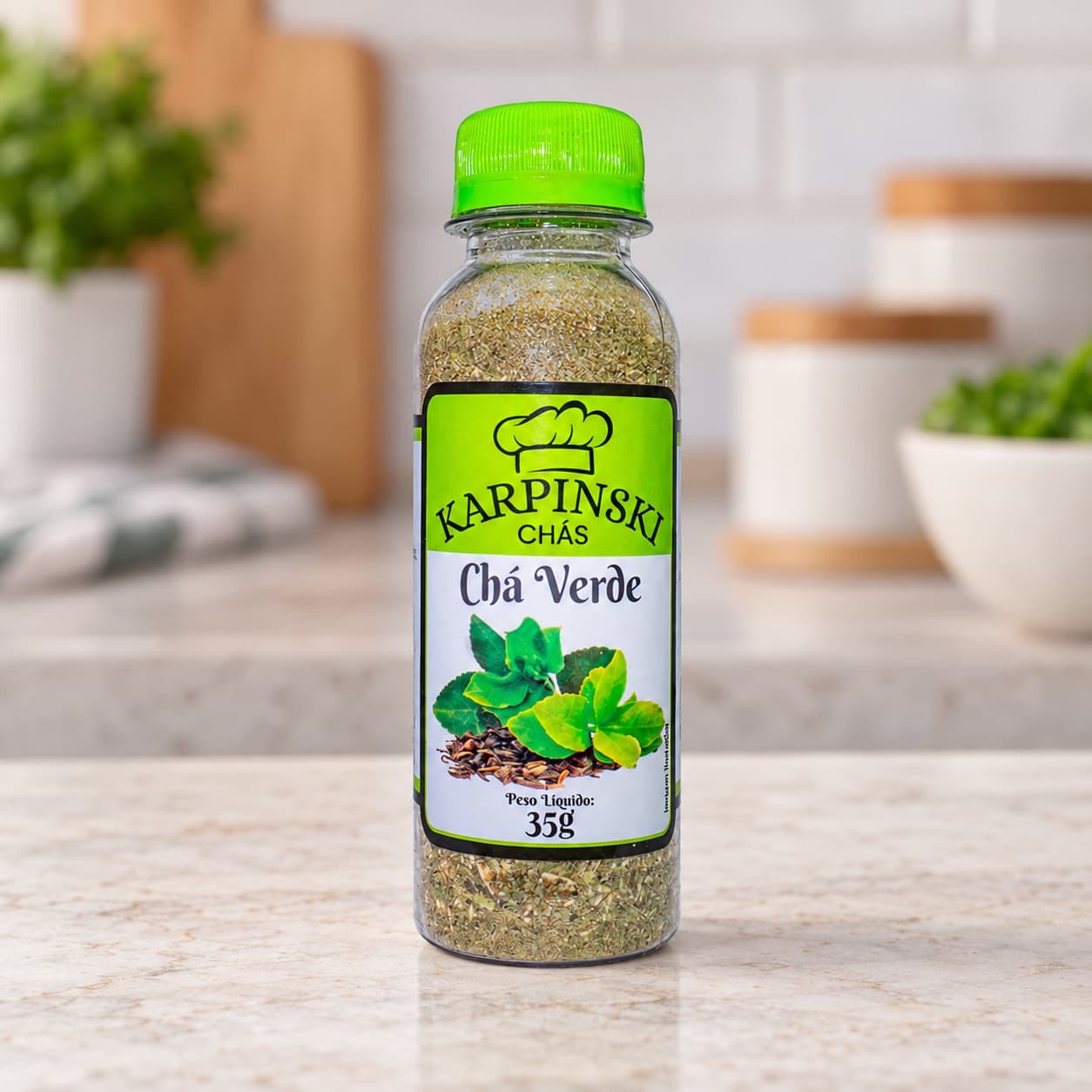 Chá Verde Karpinski 35 g — detalhe da embalagem e do rótulo