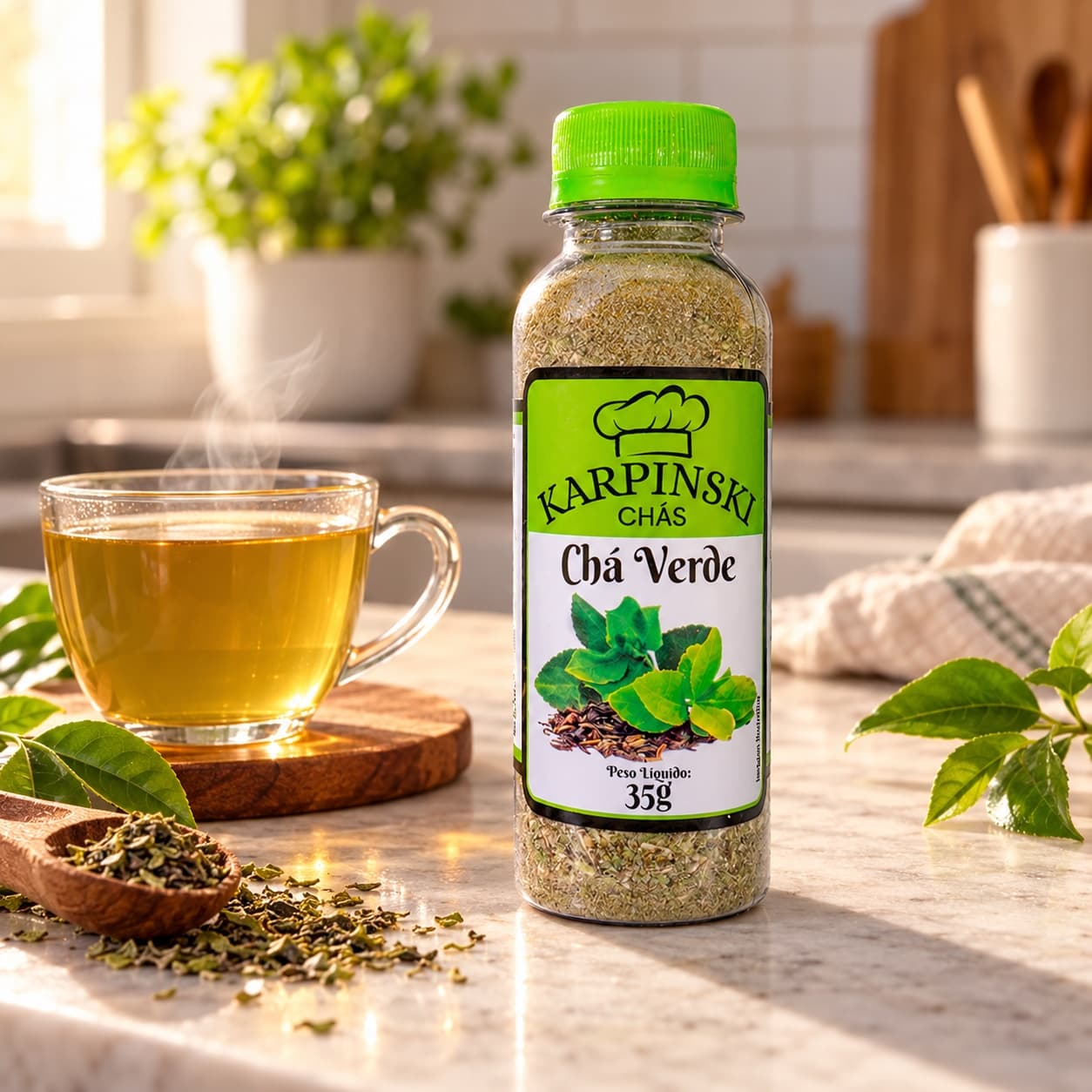 Chá Verde Karpinski 35 g — com chá preparado em xícara