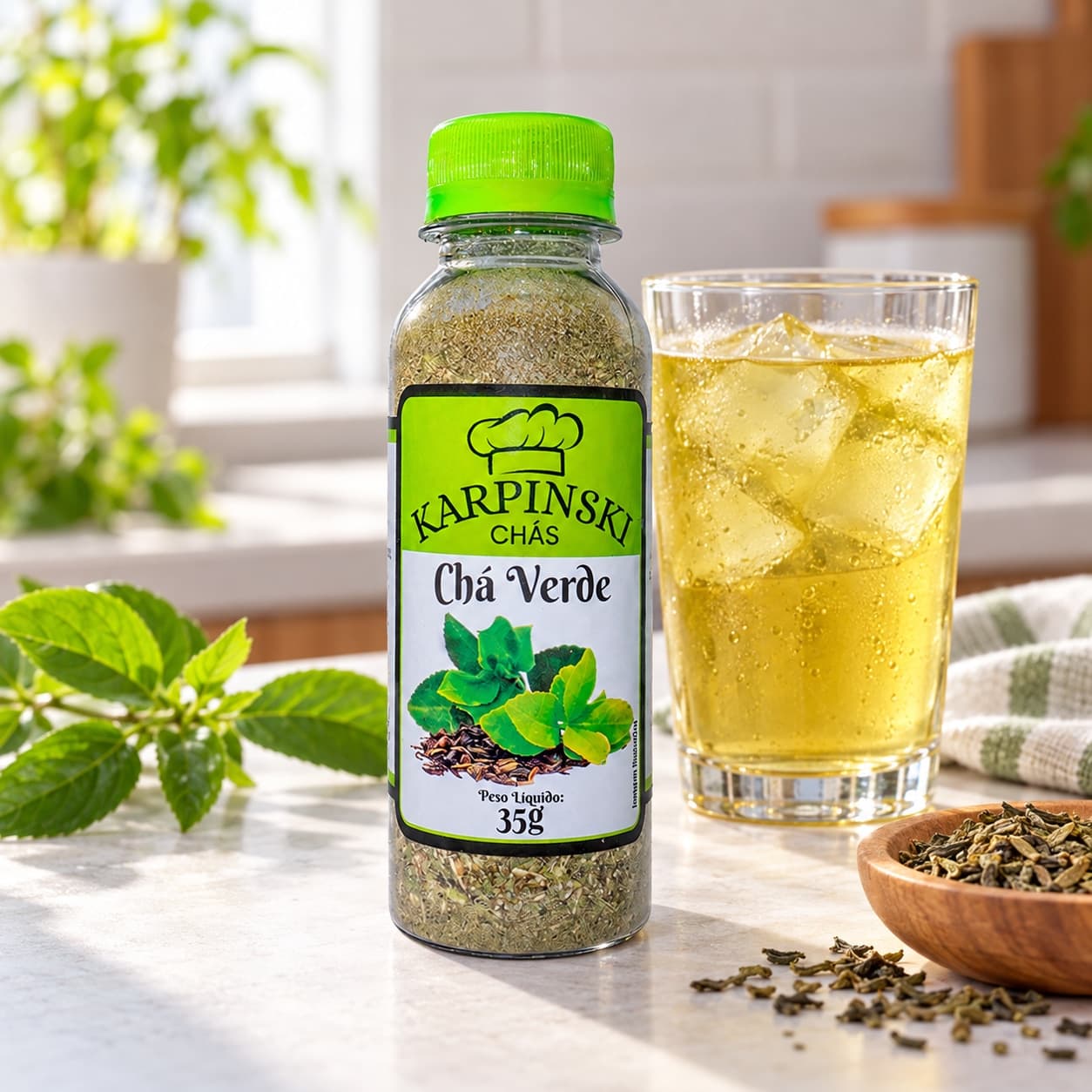 Chá Verde Karpinski 35 g — ao lado de chá servido em copo