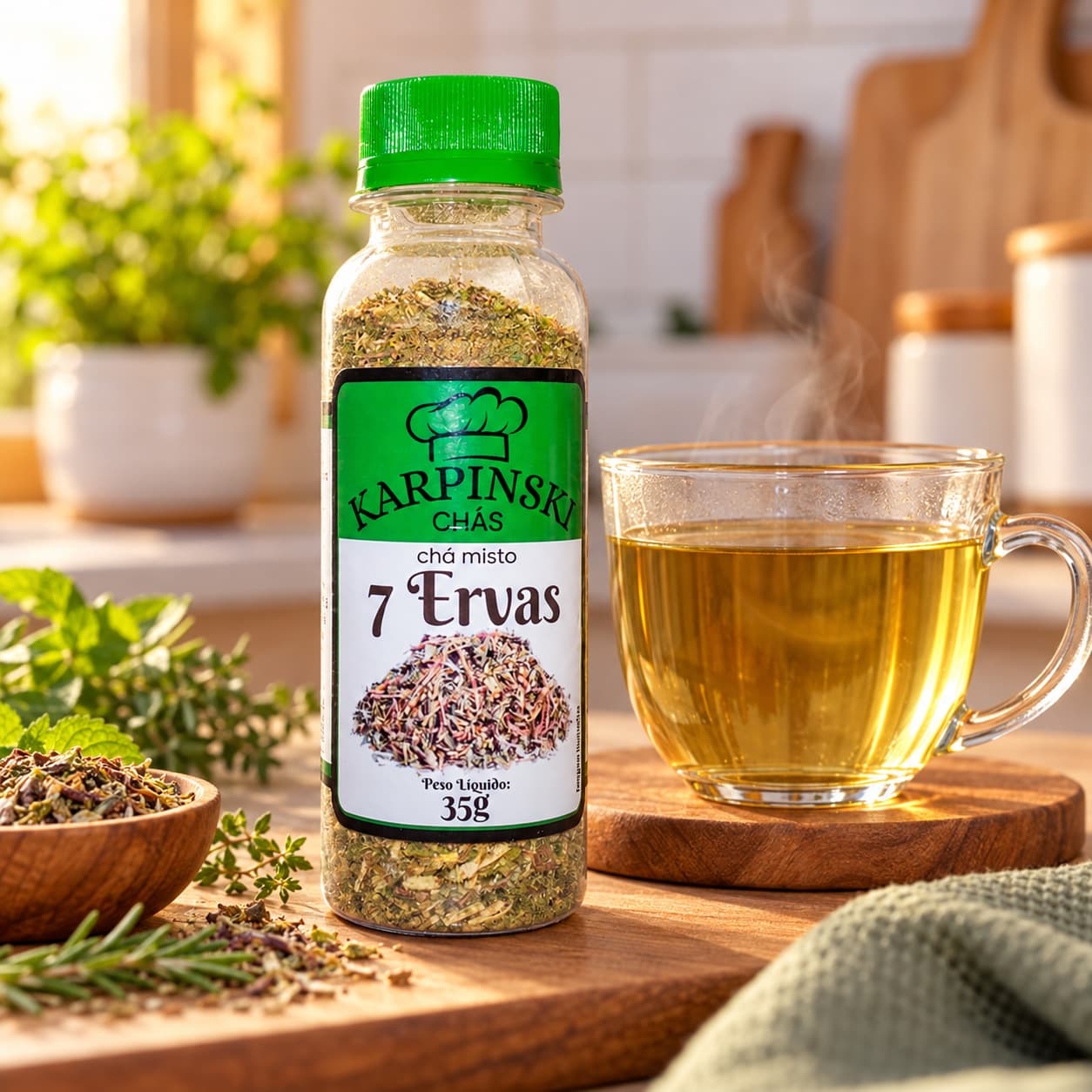 Chá de 7 Ervas Karpinski 35 g — com chá preparado em xícara