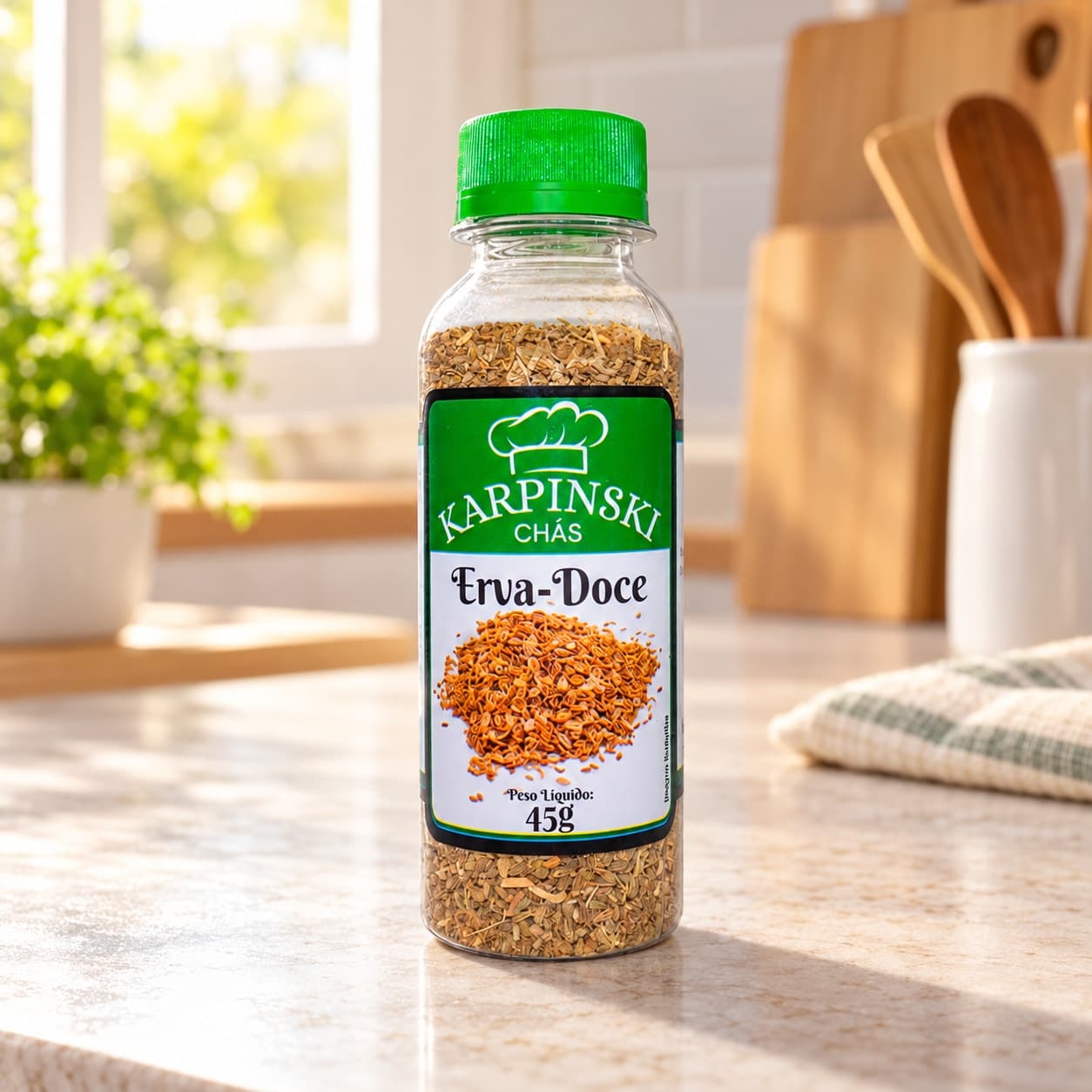 Chá de Erva Doce Karpinski 45 g — na bancada da cozinha