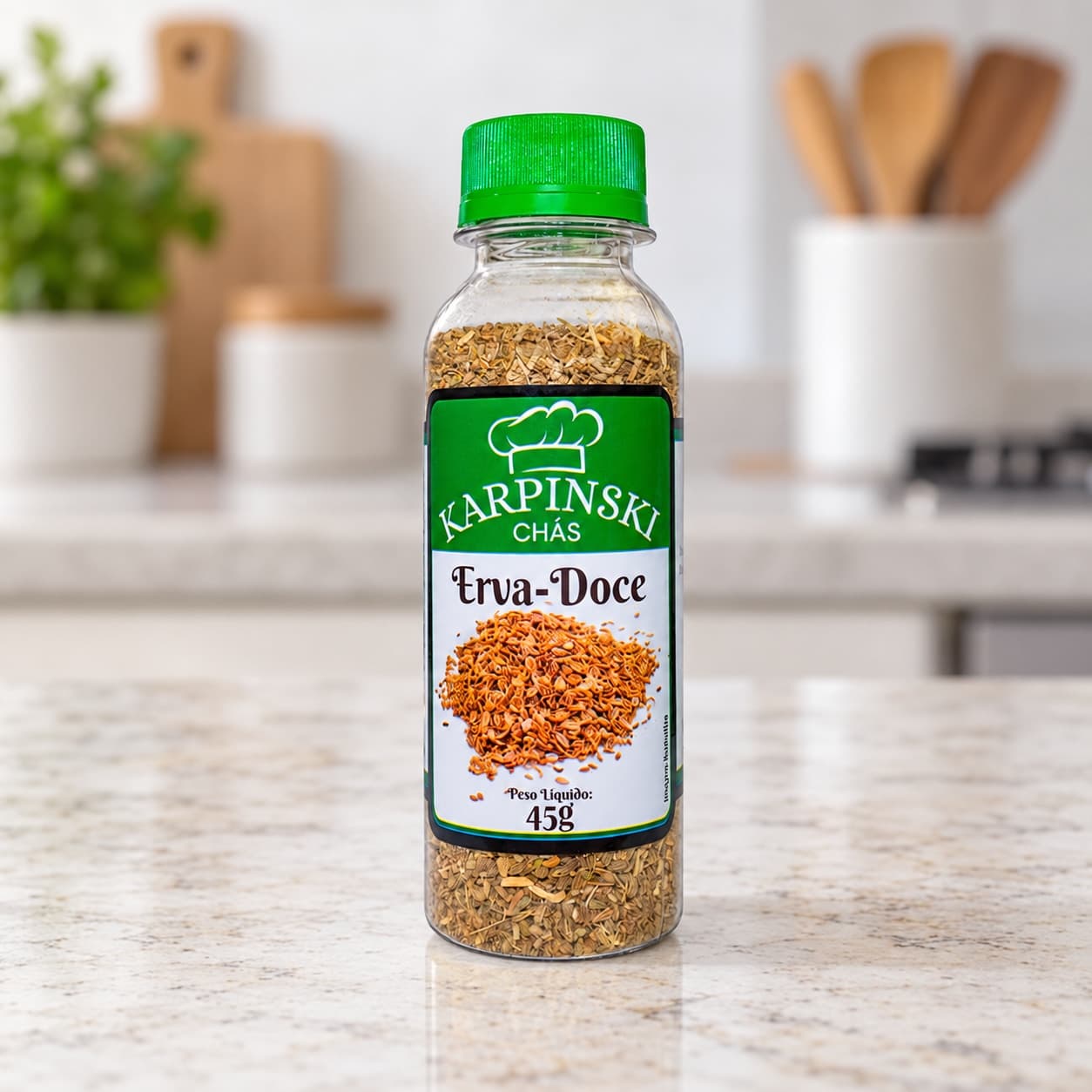 Chá de Erva Doce Karpinski 45 g — detalhe da embalagem e do rótulo