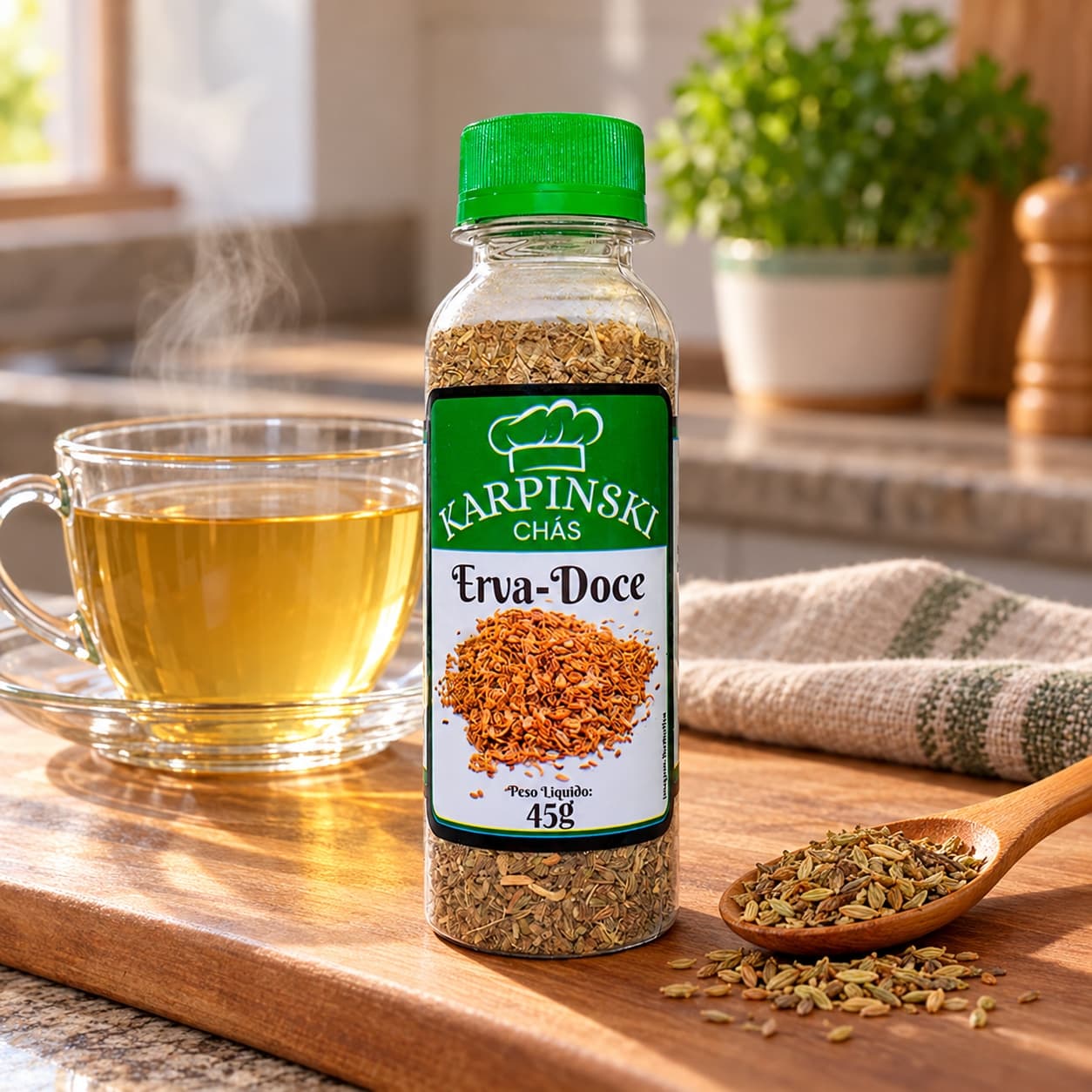 Chá de Erva Doce Karpinski 45 g — no preparo com chá preparado em xícara