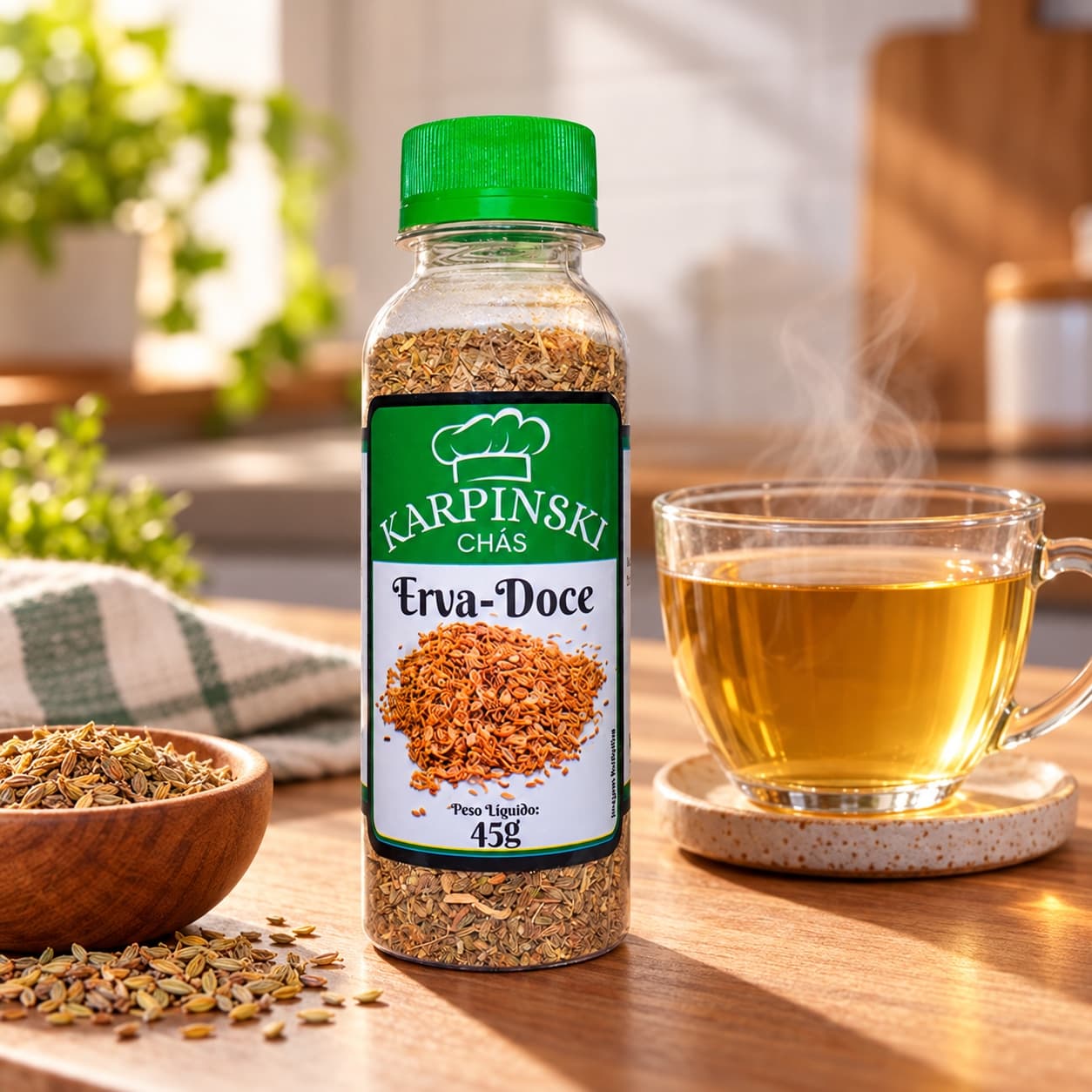 Chá de Erva Doce Karpinski 45 g — com chá preparado em xícara