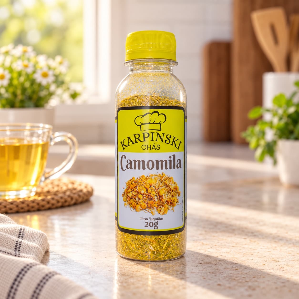 Chá de Camomila Karpinski 20 g — na bancada da cozinha