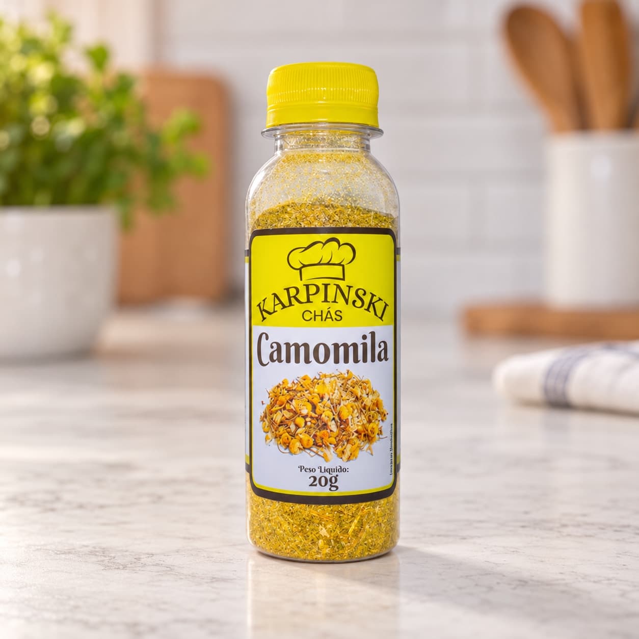 Chá de Camomila Karpinski 20 g — detalhe da embalagem e do rótulo