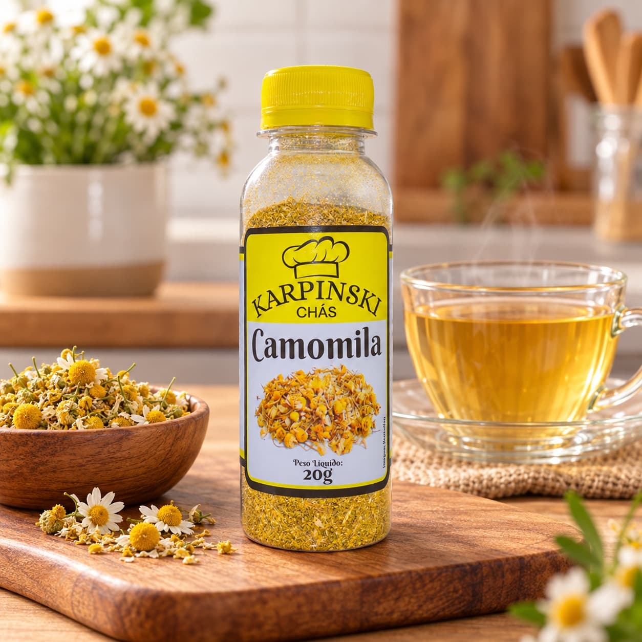 Chá de Camomila Karpinski 20 g — no preparo com chá preparado em xícara