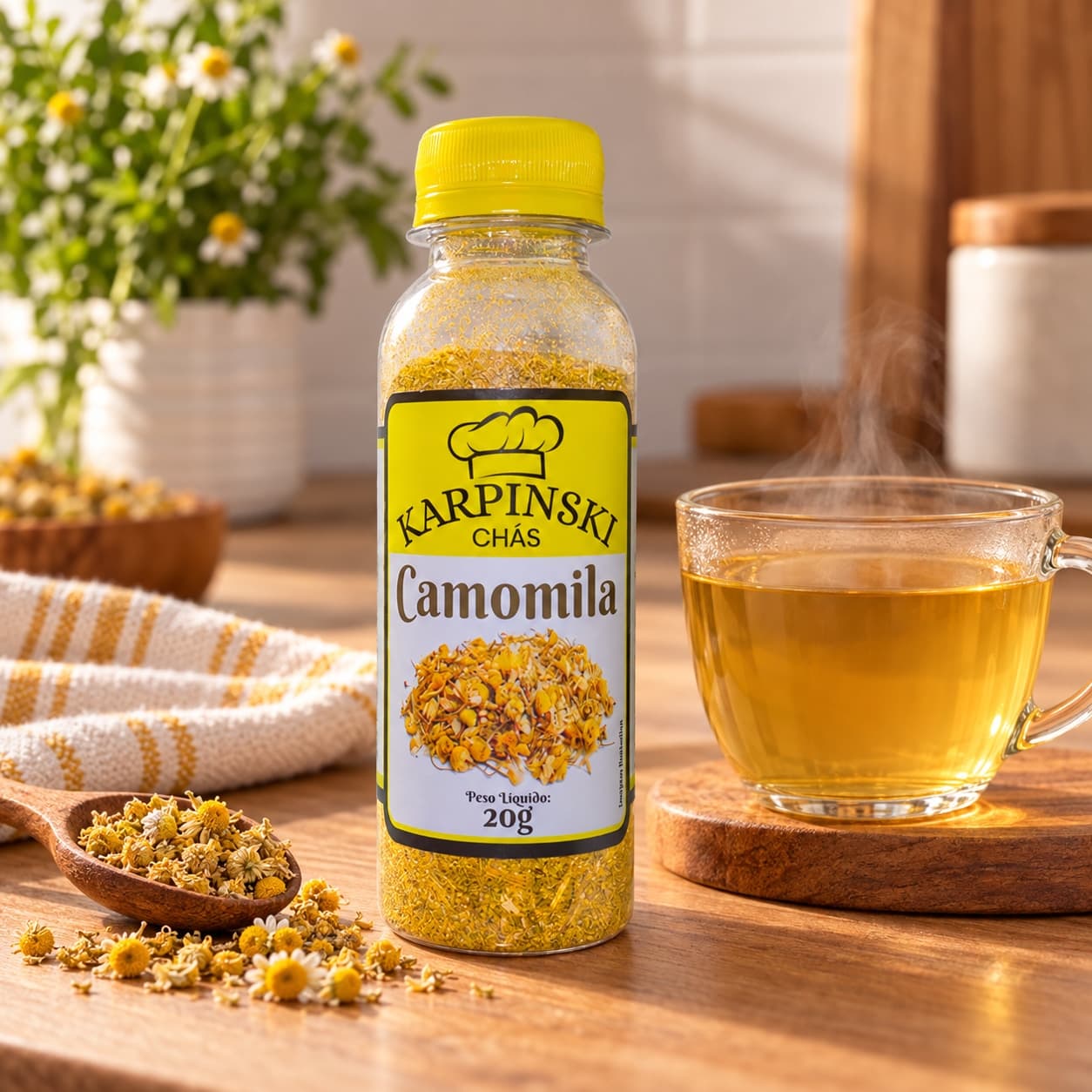 Chá de Camomila Karpinski 20 g — com chá preparado em xícara