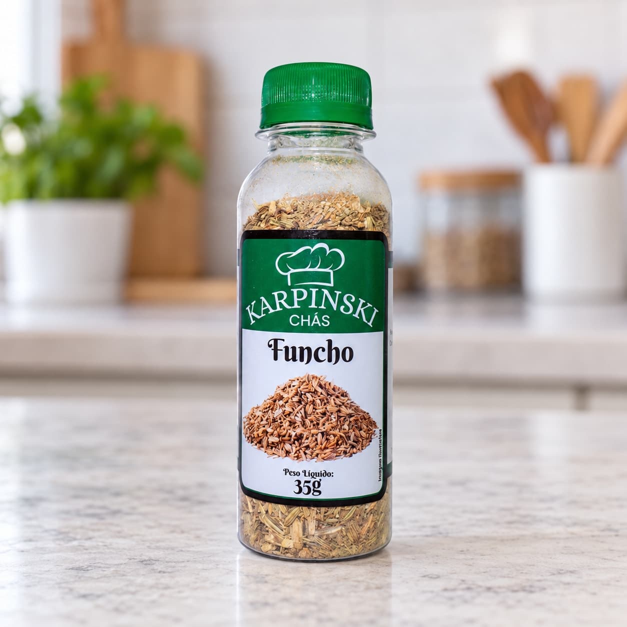 Chá de Funcho Karpinski 35 g — detalhe da embalagem e do rótulo