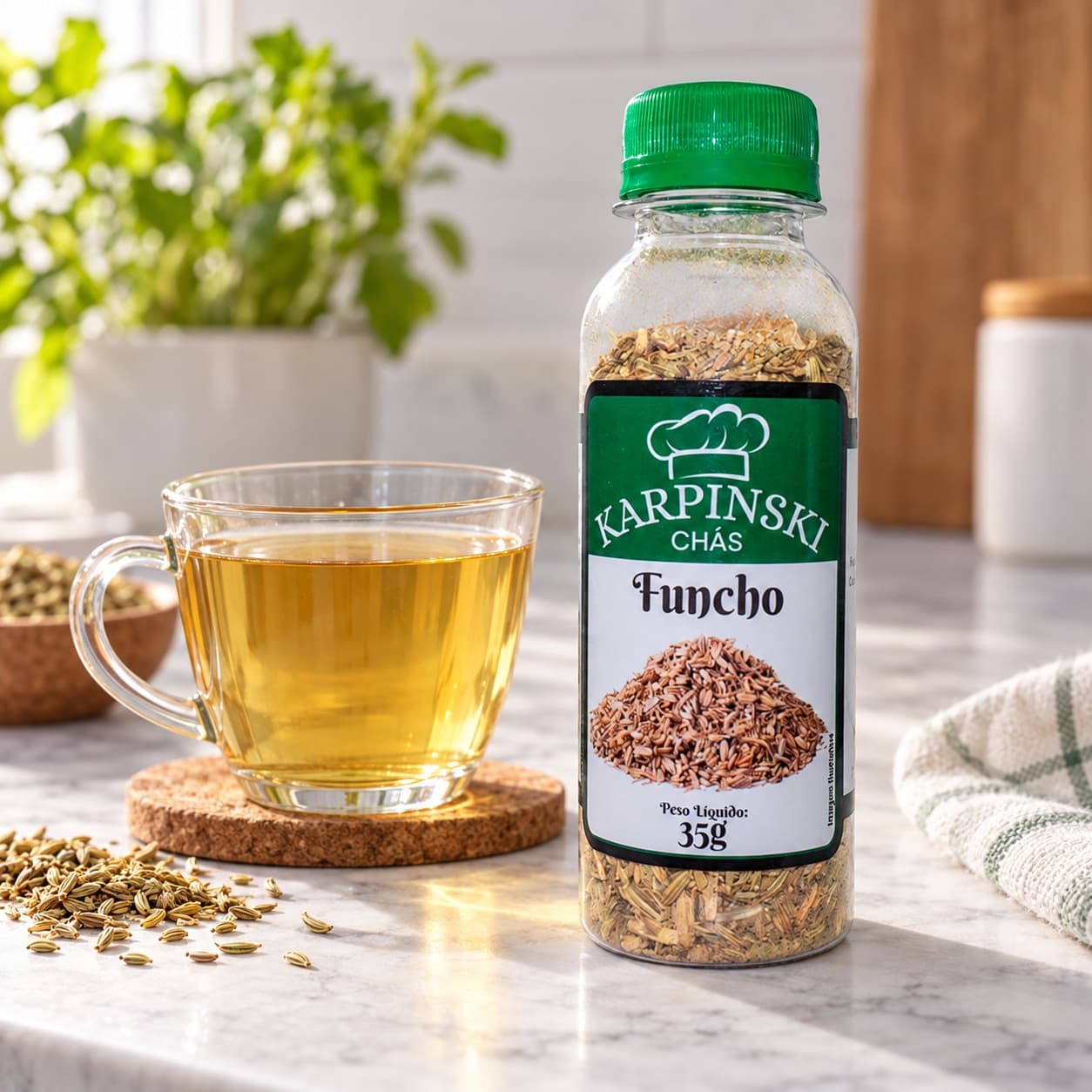 Chá de Funcho Karpinski 35 g — ao lado de chá servido em copo