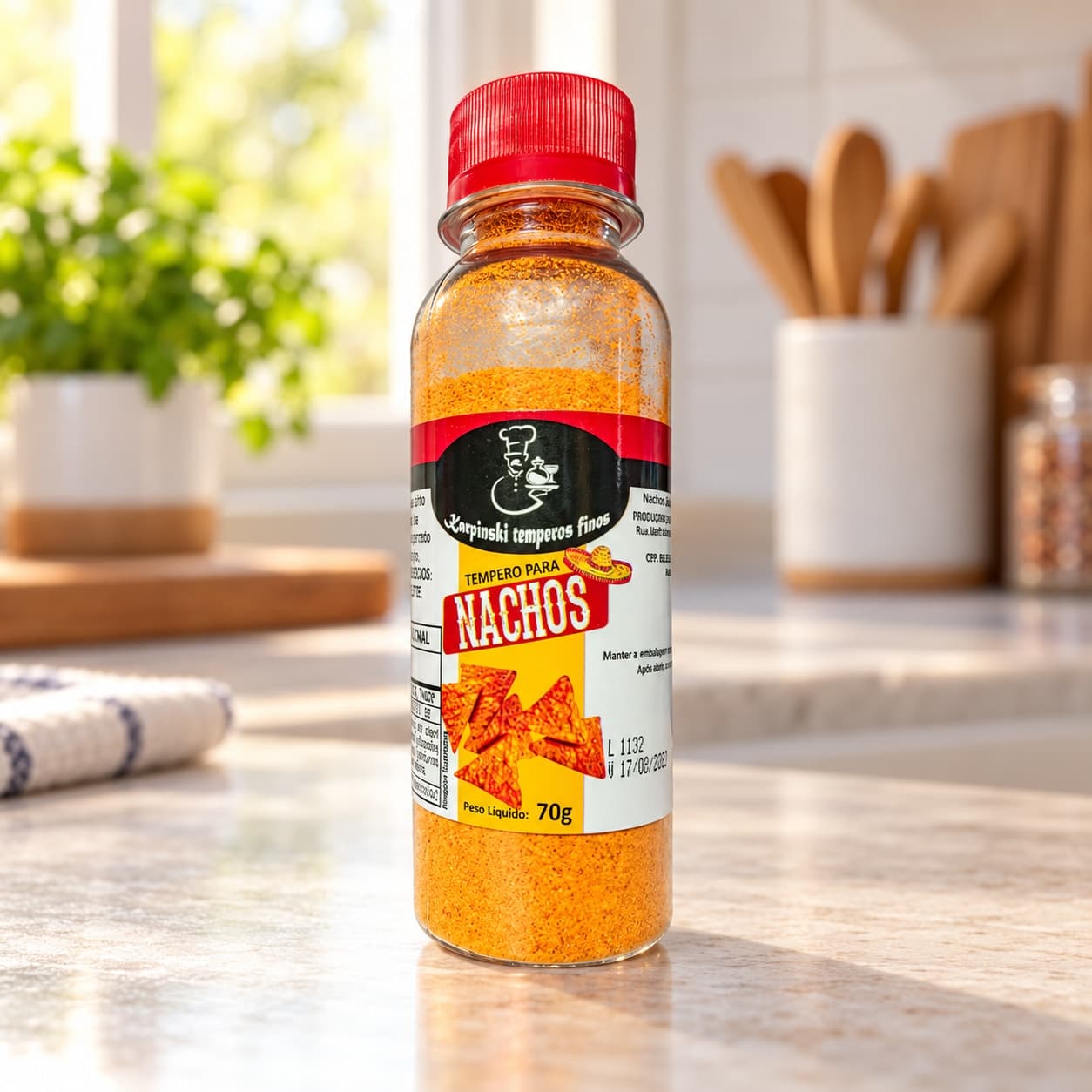 Tempero para Nachos Karpinski 70 g — na bancada da cozinha