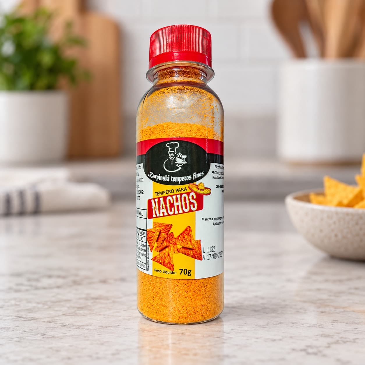 Tempero para Nachos Karpinski 70 g — detalhe da embalagem e do rótulo