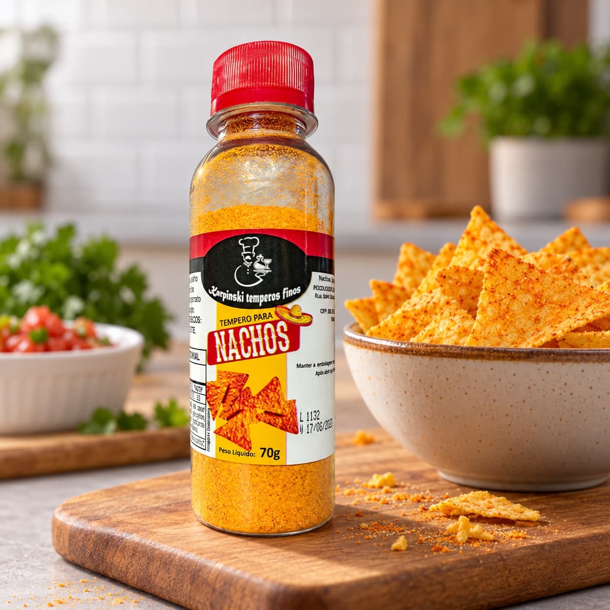 Tempero para Nachos Karpinski 70 g — no preparo com nachos em tigela