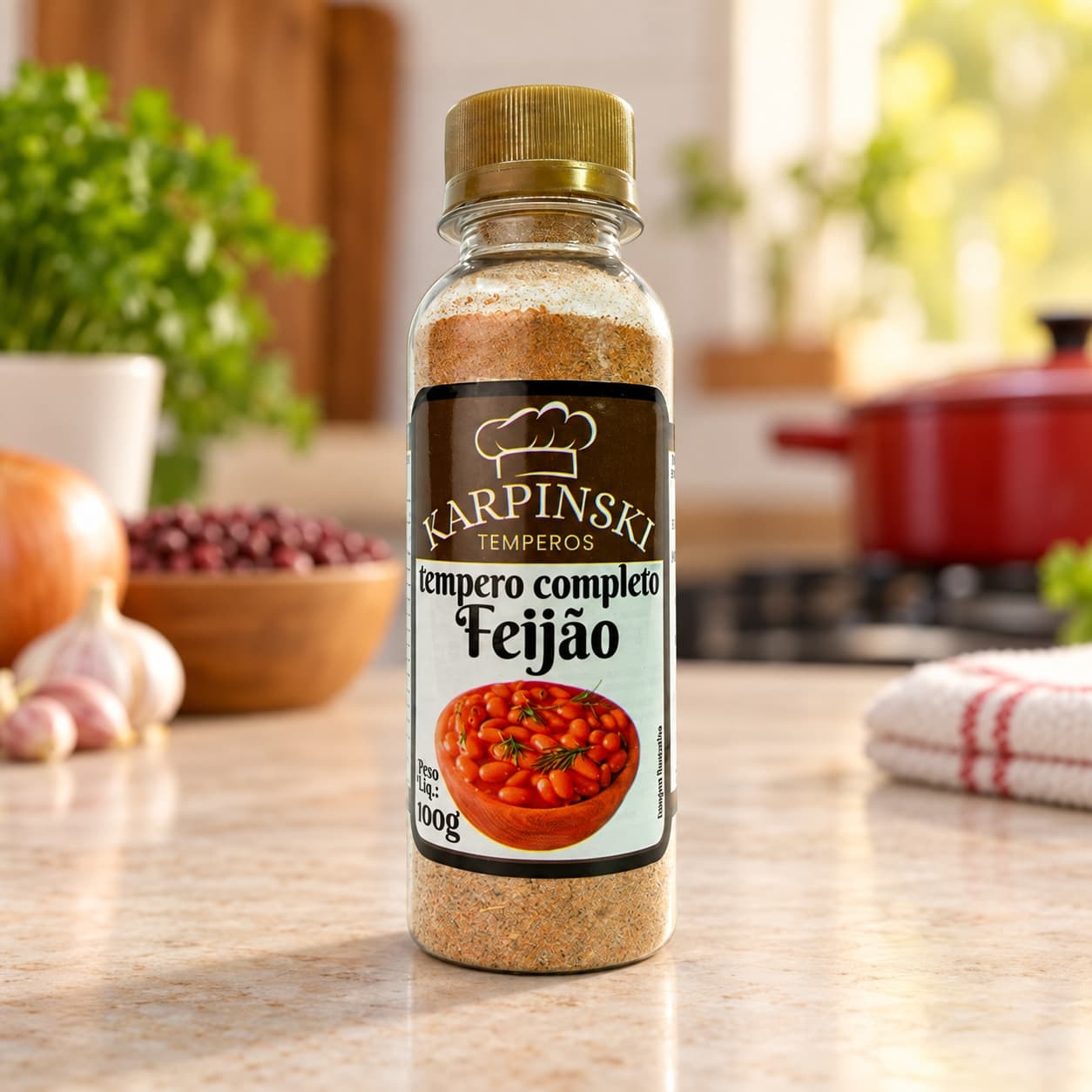 Tempero Completo para Feijão Karpinski 100 g — na bancada da cozinha