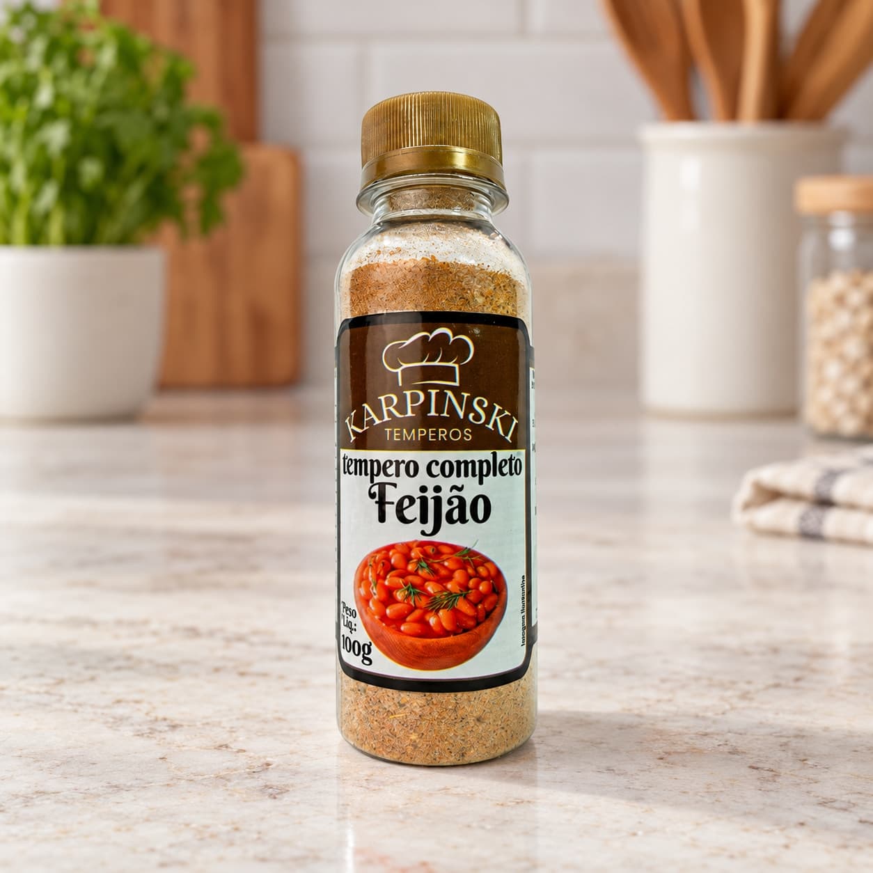 Tempero Completo para Feijão Karpinski 100 g — detalhe da embalagem e do rótulo