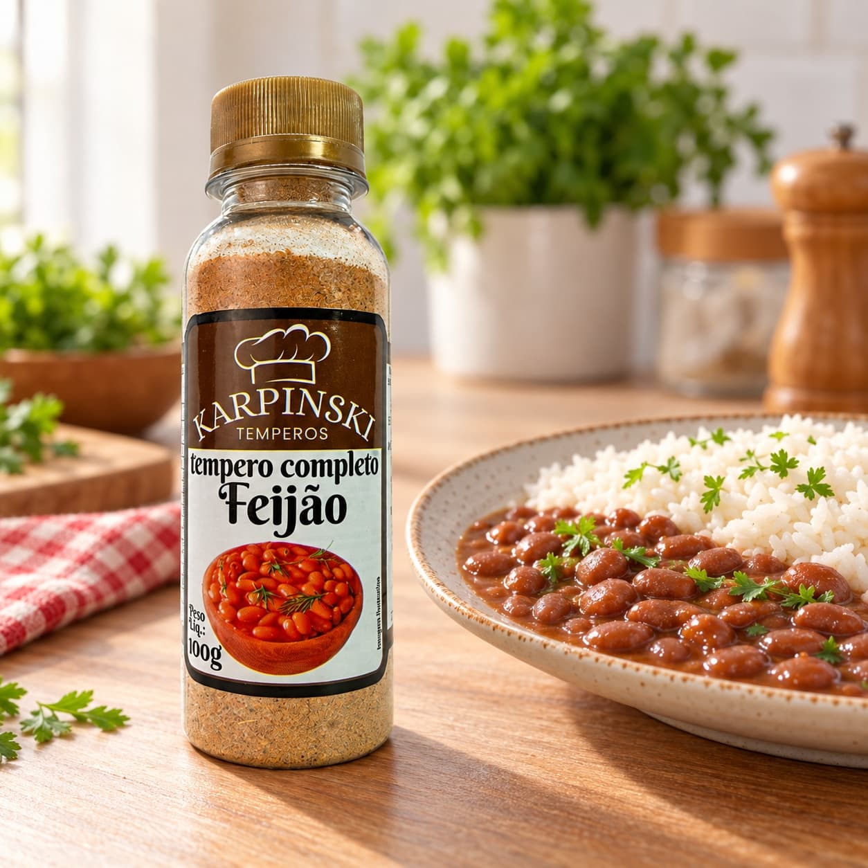 Tempero Completo para Feijão Karpinski 100 g — ao lado de arroz e feijão
