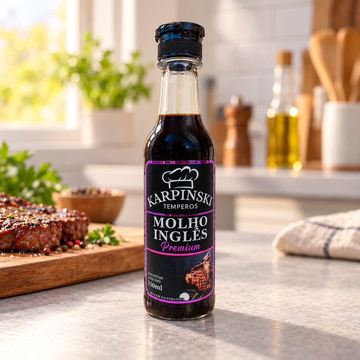 Molho Inglês Premium Karpinski 150 ml — na bancada da cozinha