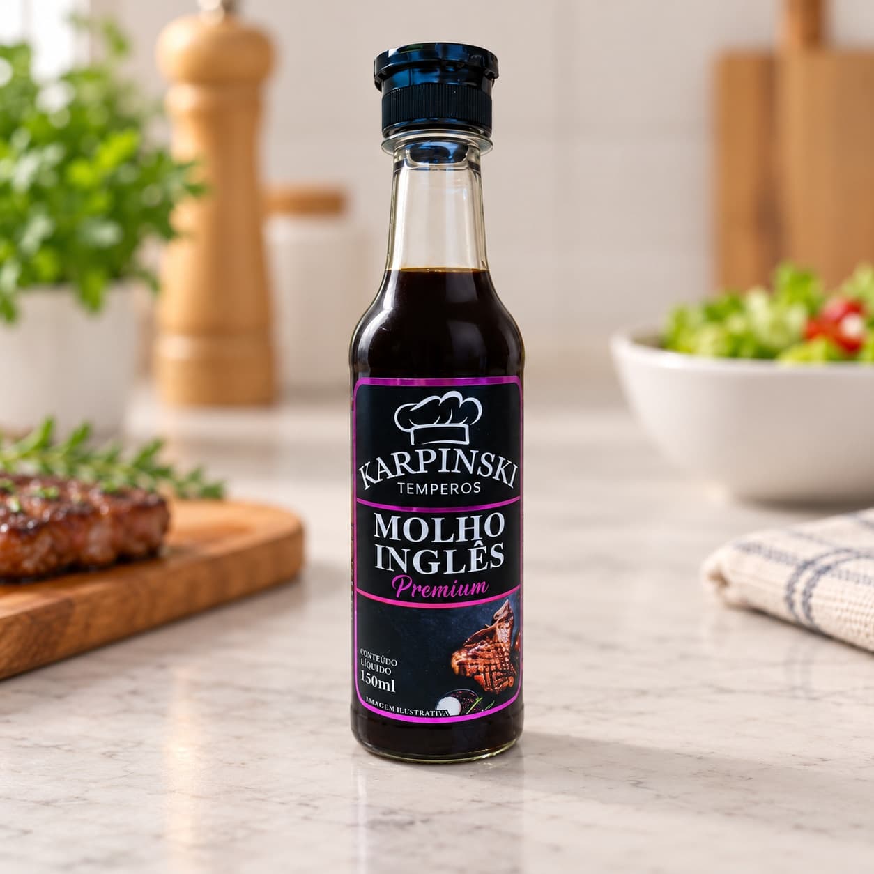 Molho Inglês Premium Karpinski 150 ml — detalhe da embalagem e do rótulo