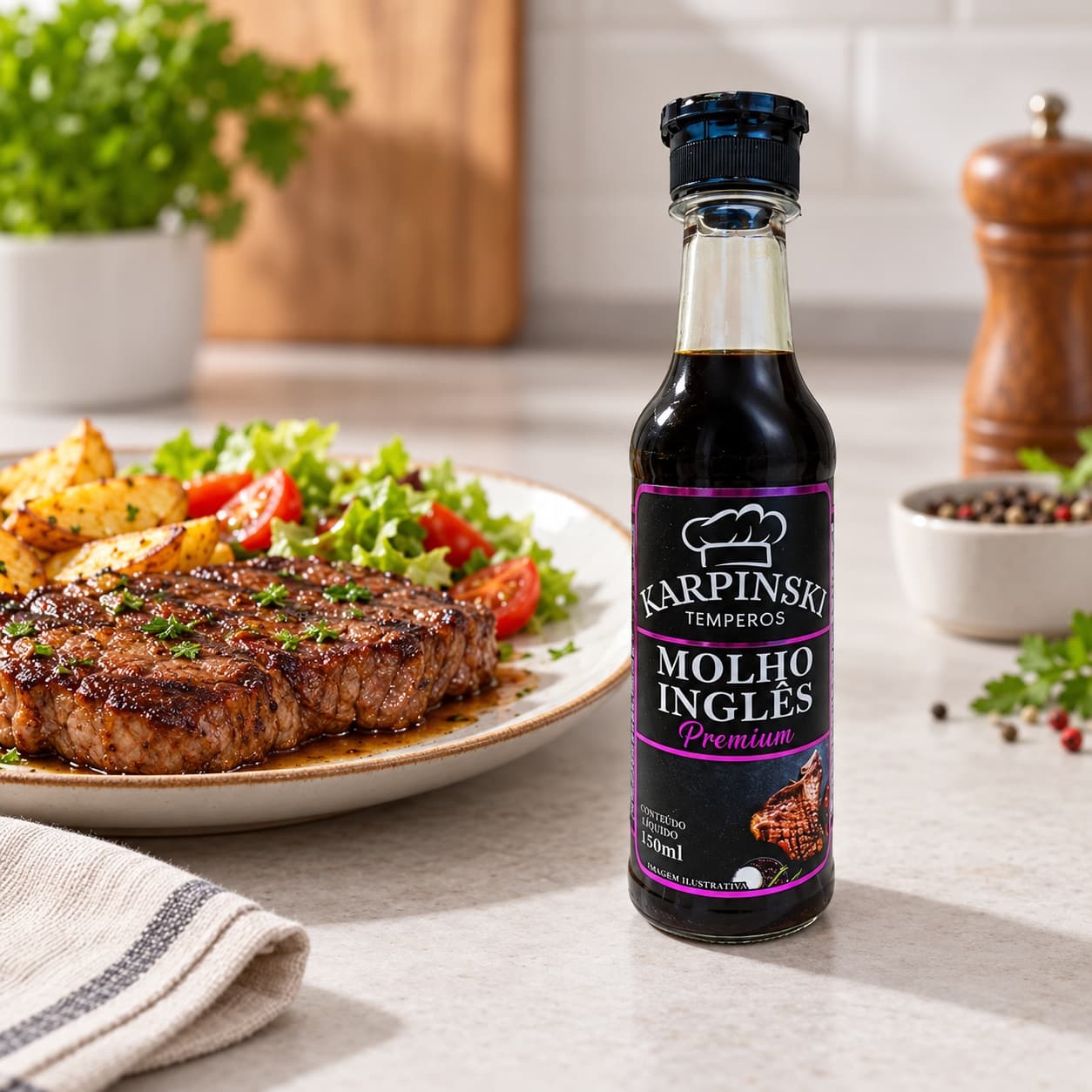 Molho Inglês Premium Karpinski 150 ml — ao lado de refeição salgada