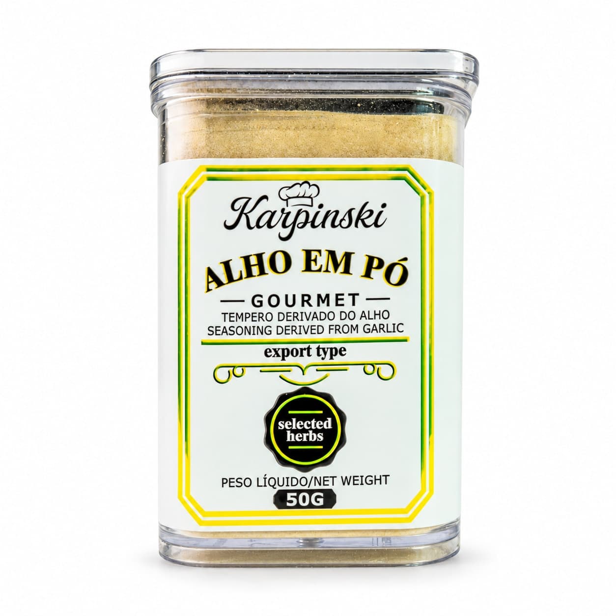 Tempero Alho em Pó Gourmet Karpinski 50 g — embalagem em fundo branco
