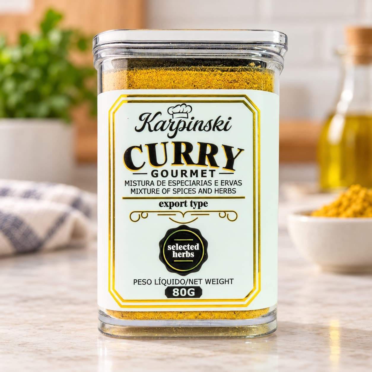 Tempero Curry Gourmet Karpinski 80 g — detalhe da embalagem e do rótulo