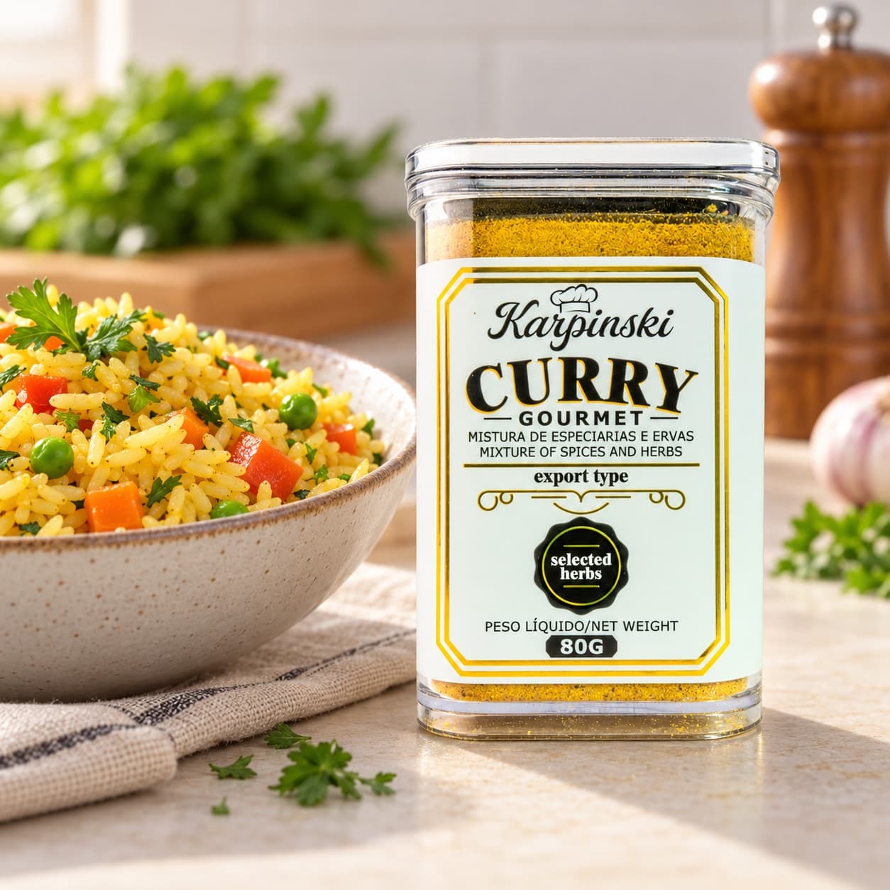 Tempero Curry Gourmet Karpinski 80 g — ao lado de arroz com legumes