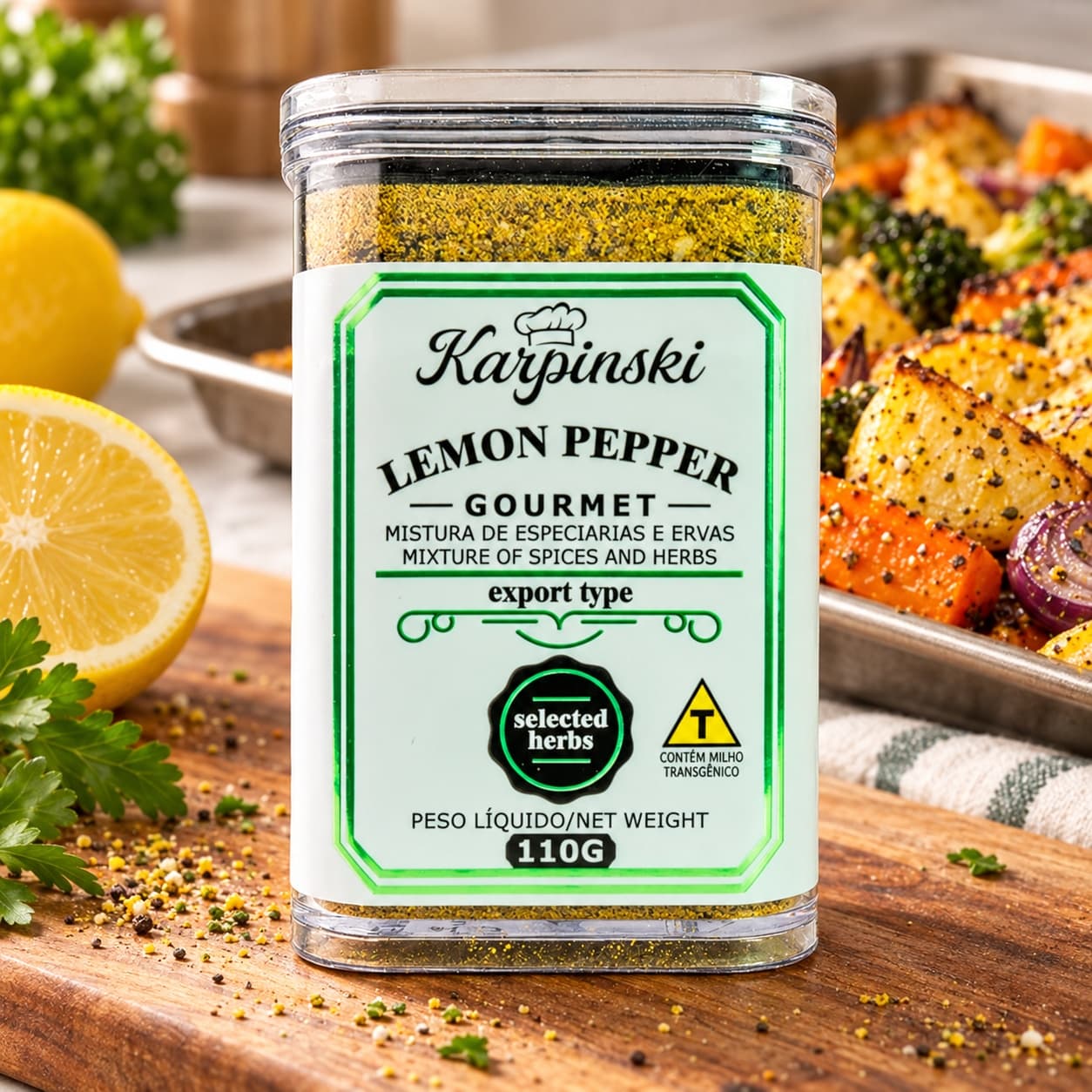 Tempero Lemon Pepper Gourmet Karpinski 110 g — no preparo com legumes assados