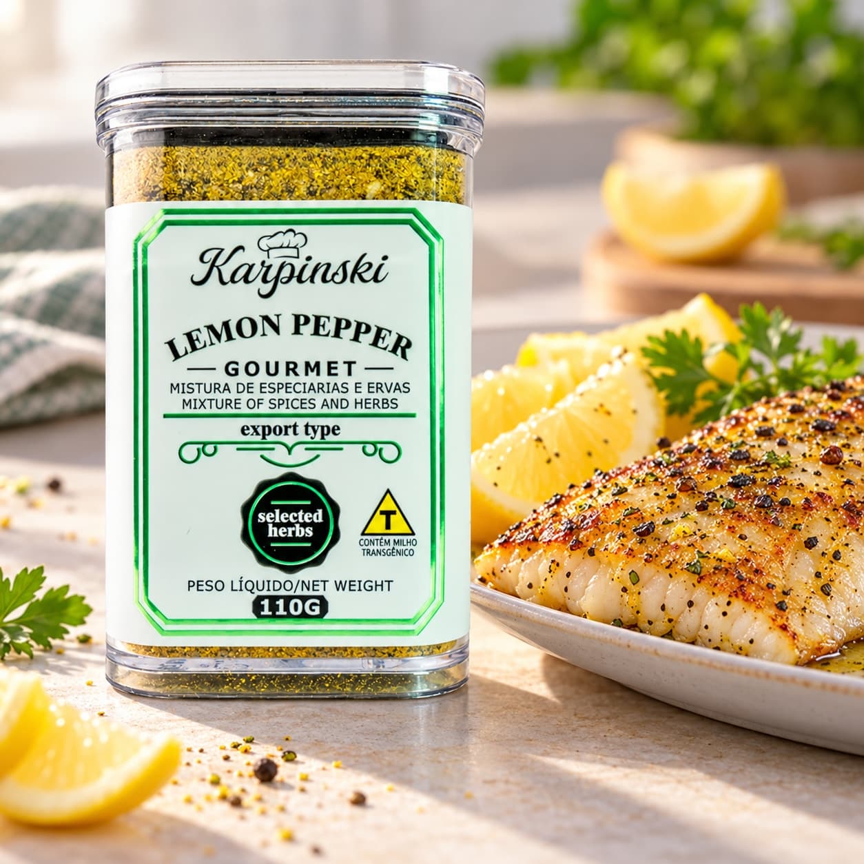 Tempero Lemon Pepper Gourmet Karpinski 110 g — ao lado de peixe grelhado