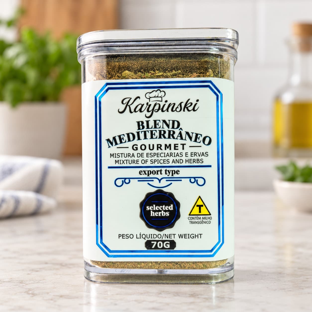Blend Mediterrâneo Gourmet Karpinski 70 g — detalhe da embalagem e do rótulo