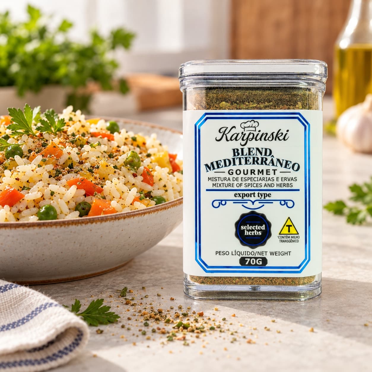 Blend Mediterrâneo Gourmet Karpinski 70 g — ao lado de arroz com legumes