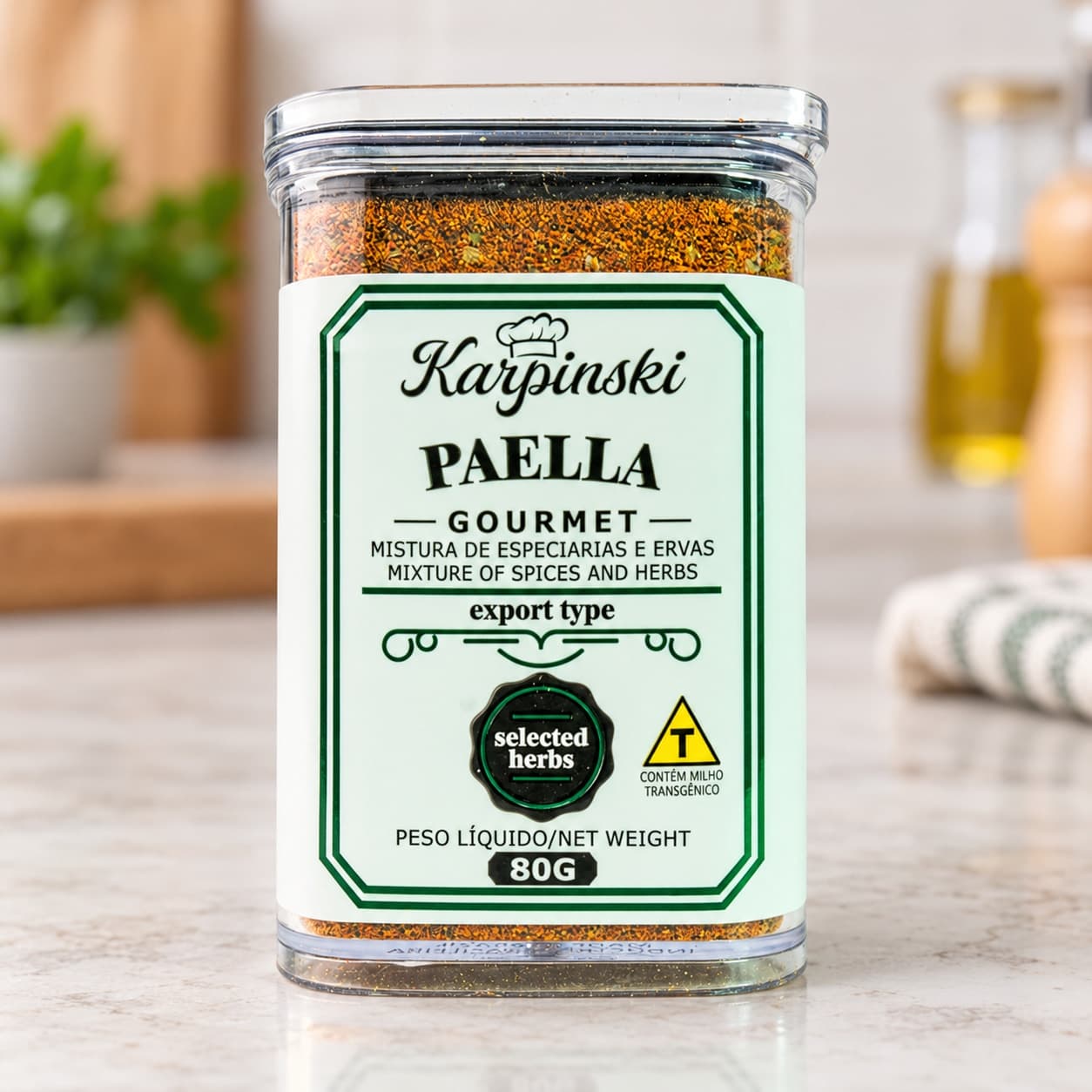 Tempero Paella Gourmet Karpinski 80 g — detalhe da embalagem e do rótulo