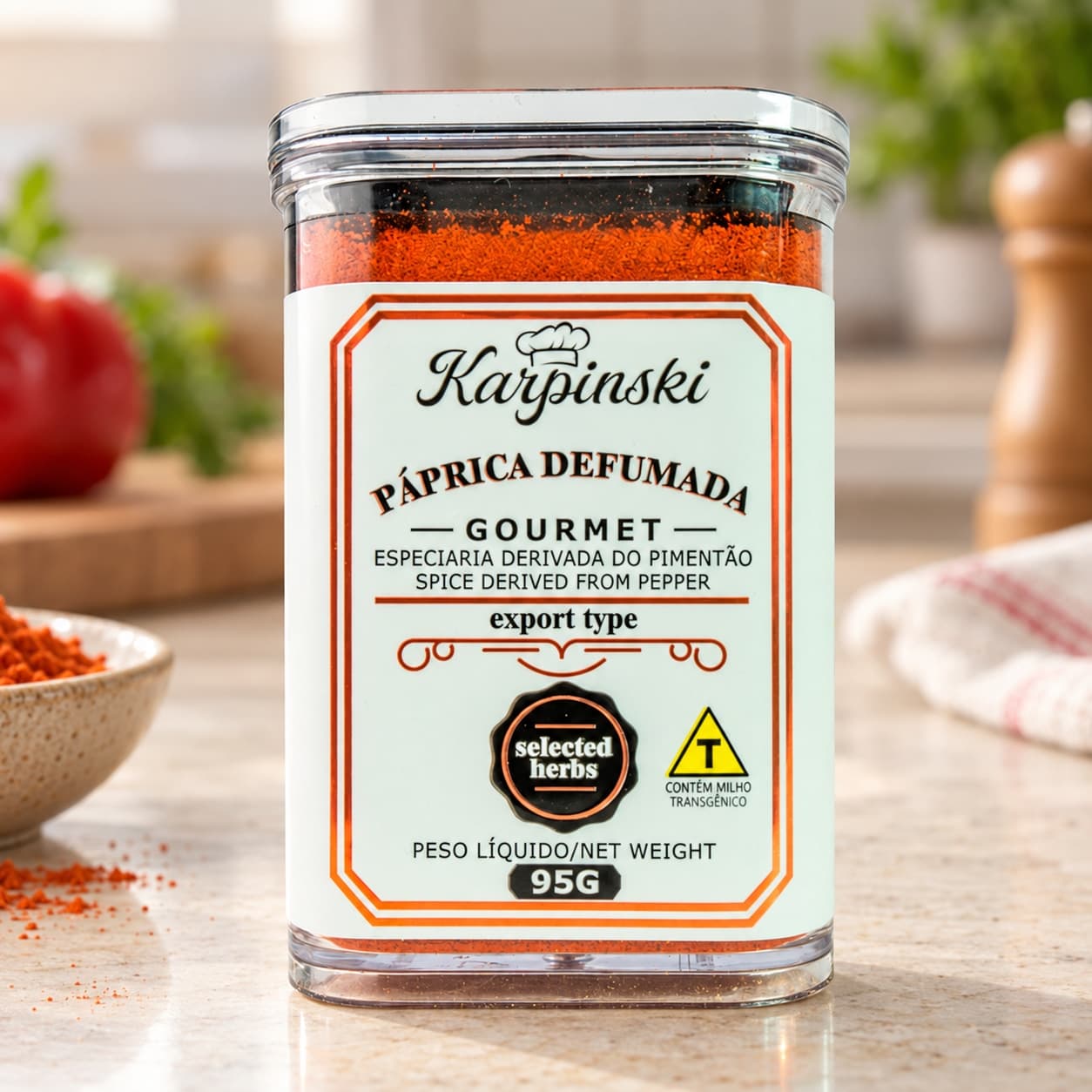 Páprica Defumada Gourmet Karpinski 95 g — detalhe da embalagem e do rótulo