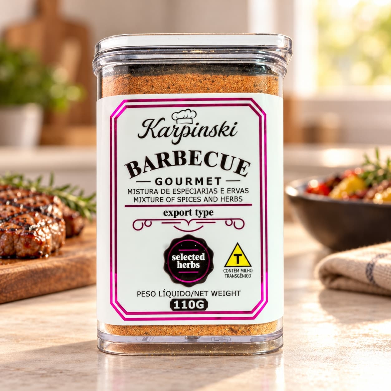 Tempero Barbecue em Pó Gourmet Karpinski 110 g — na bancada da cozinha