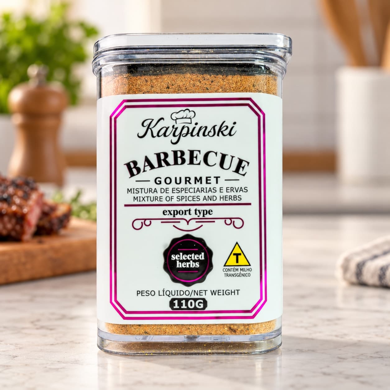 Tempero Barbecue em Pó Gourmet Karpinski 110 g — detalhe da embalagem e do rótulo