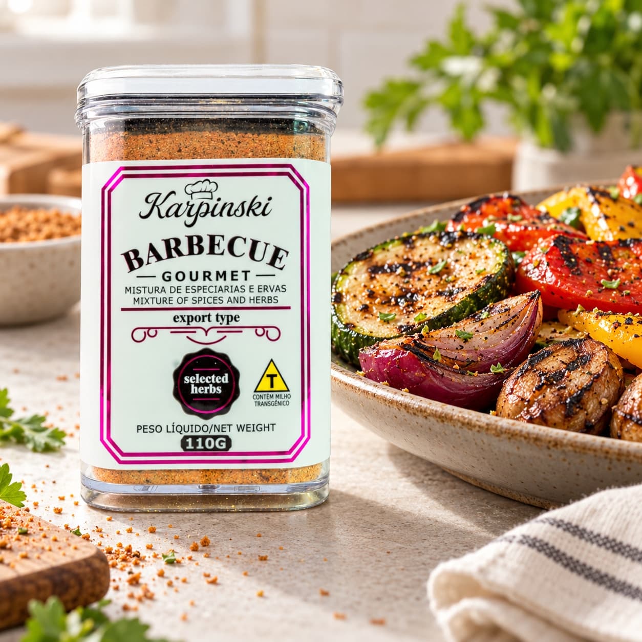 Tempero Barbecue em Pó Gourmet Karpinski 110 g — ao lado de legumes grelhados