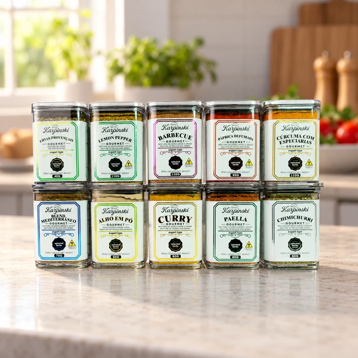 Kit Gourmet com 10 Temperos Branco Karpinski — na bancada da cozinha