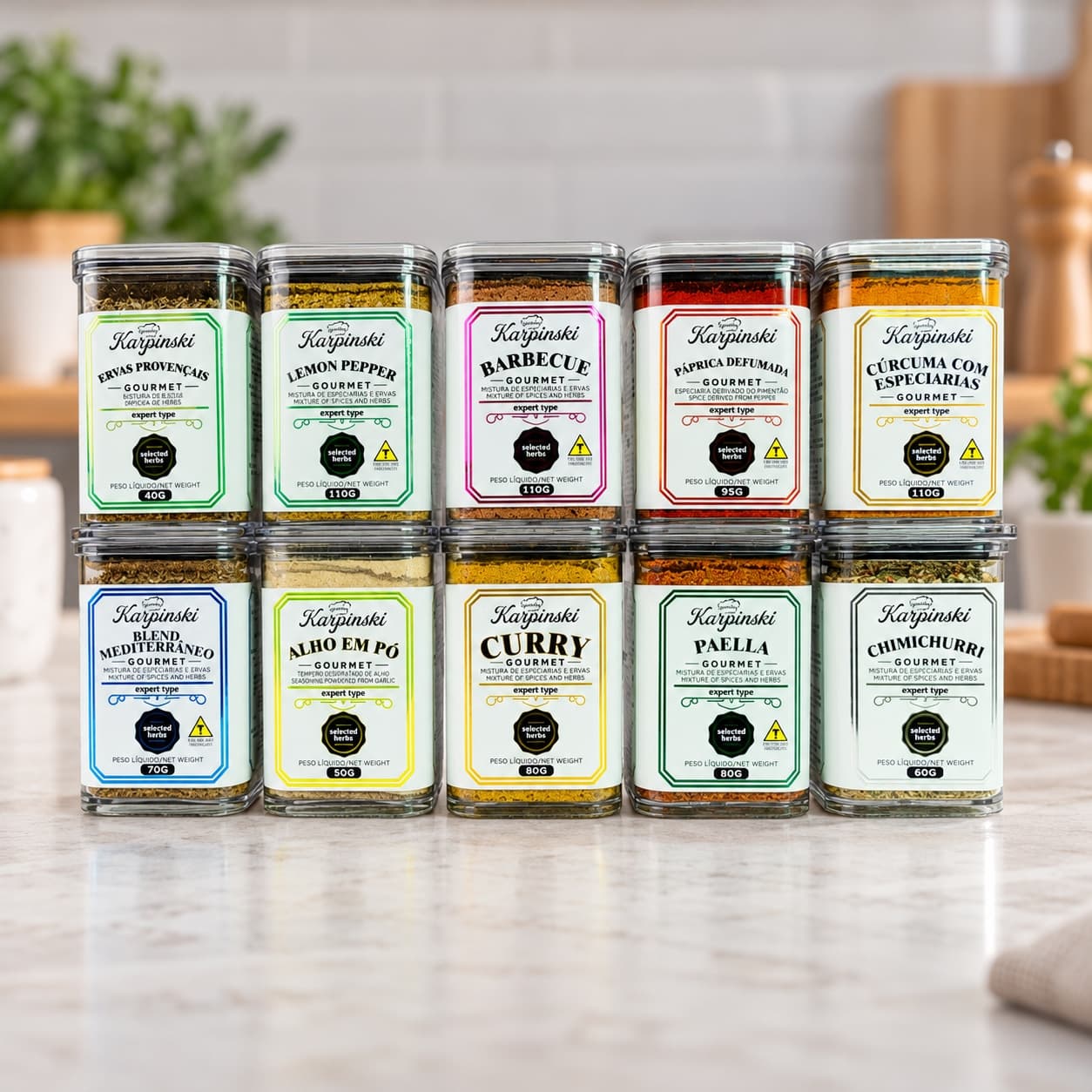 Kit Gourmet com 10 Temperos Branco Karpinski — detalhe da embalagem e do rótulo