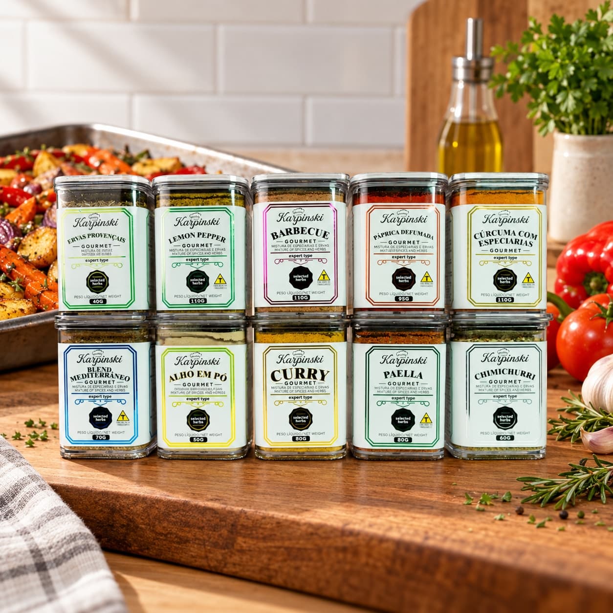 Kit Gourmet com 10 Temperos Branco Karpinski — no preparo com legumes assados