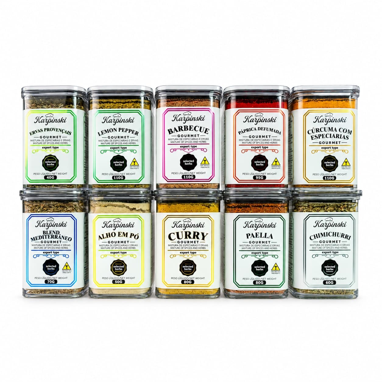 Kit Gourmet com 10 Temperos Branco Karpinski — embalagem em fundo branco