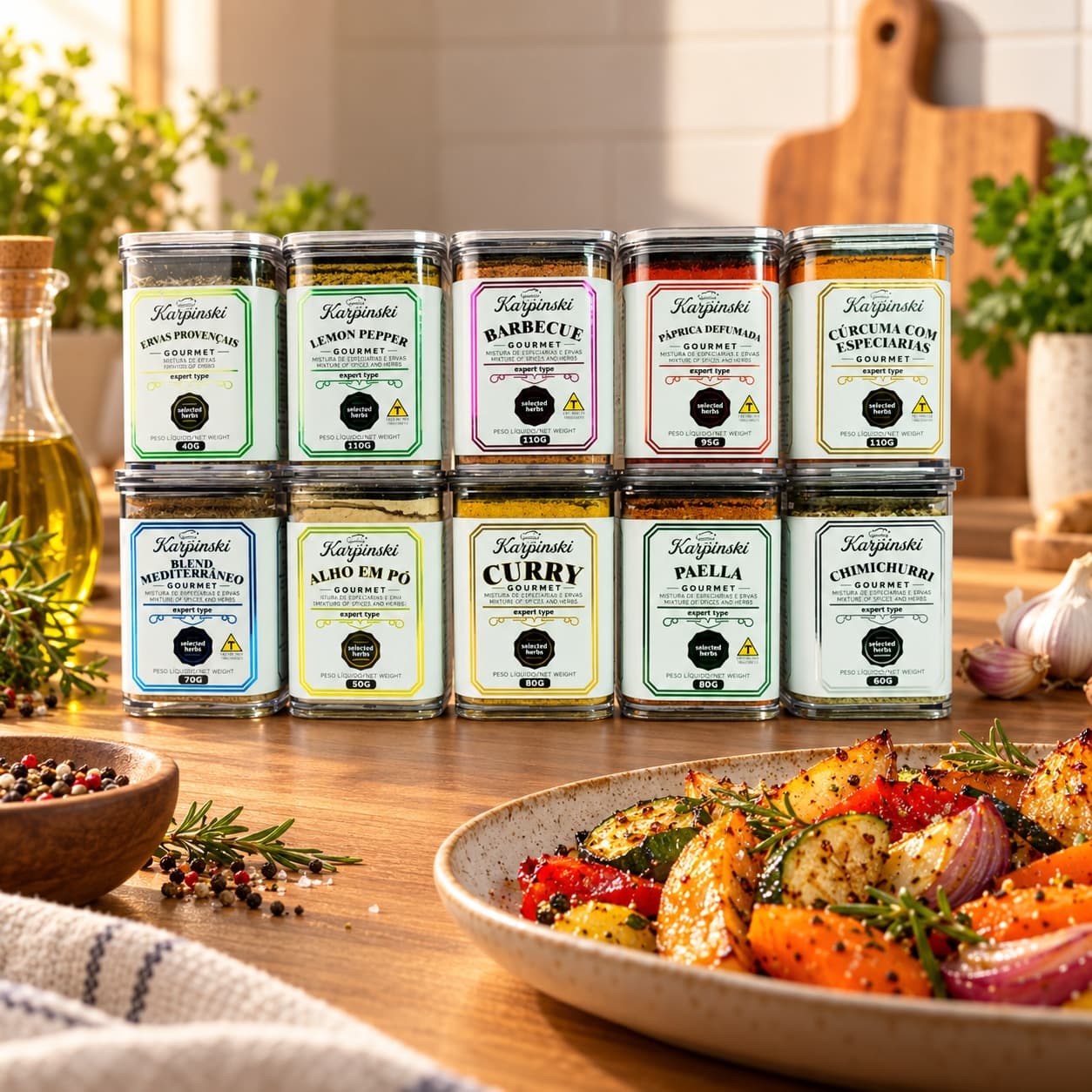 Kit Gourmet com 10 Temperos Branco Karpinski — com legumes assados