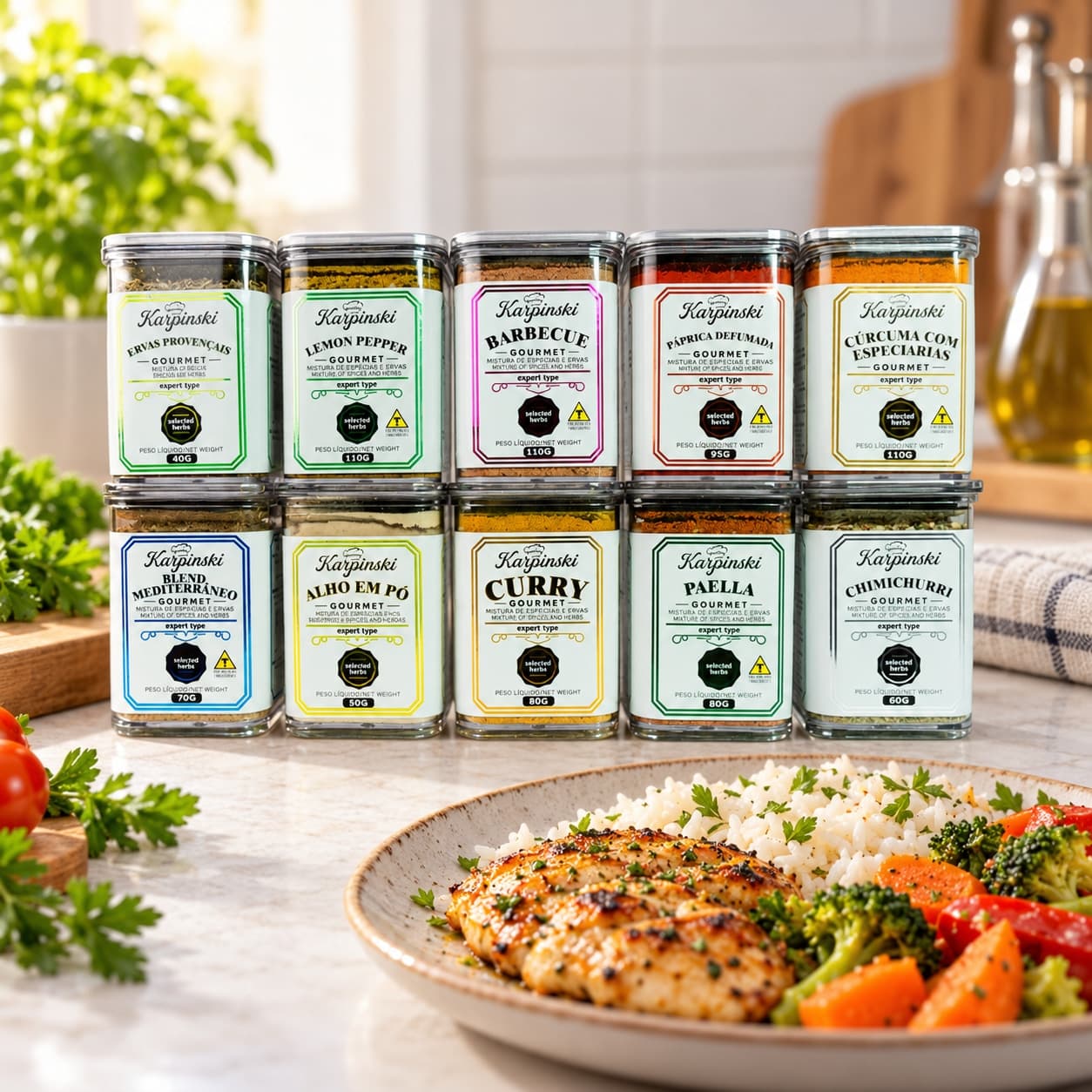Kit Gourmet com 10 Temperos Branco Karpinski — ao lado de refeição com arroz e legumes