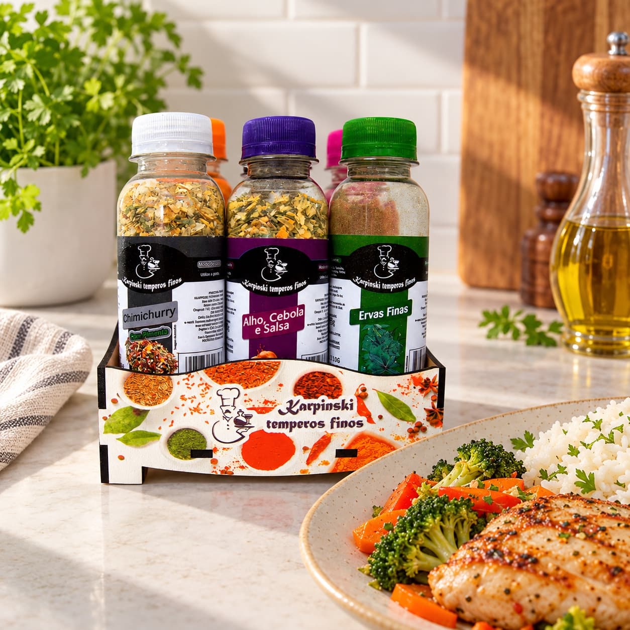 Kit Dia a Dia com 6 Temperos Branco Karpinski — ao lado de refeição com arroz e legumes