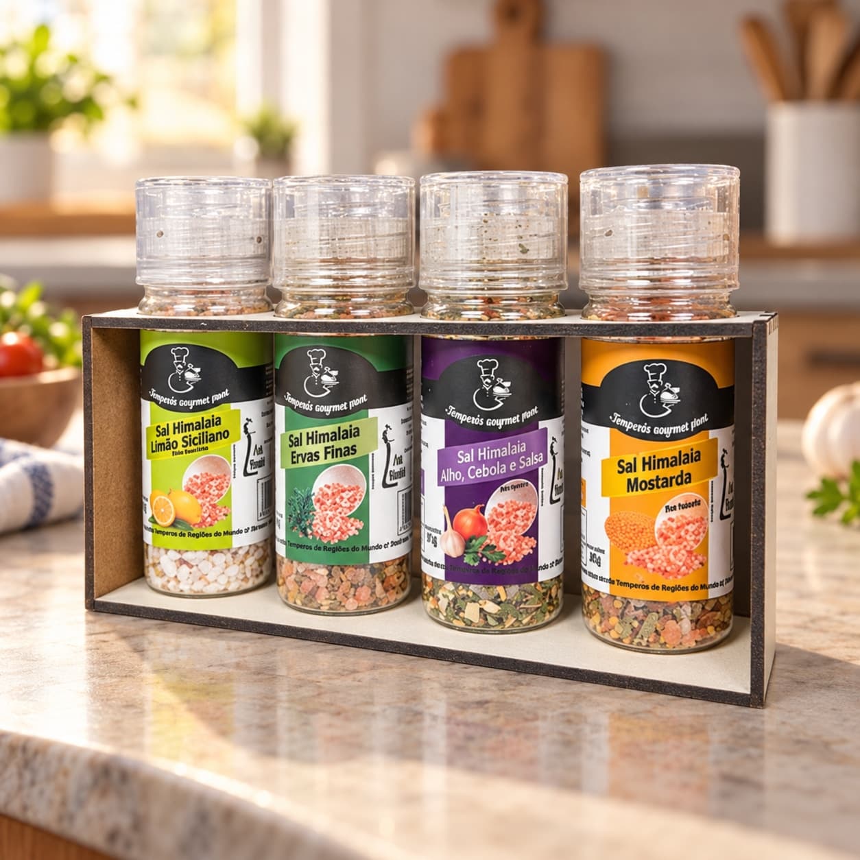 Kit de Sais do Himalaia Temperados Karpinski — na bancada da cozinha
