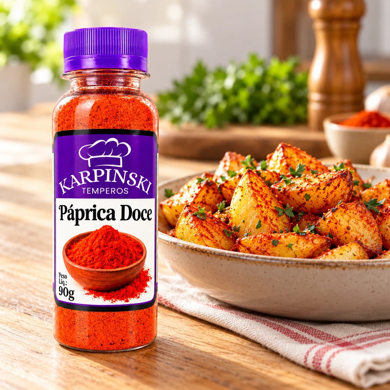 Páprica Doce Karpinski 90 g — ao lado de batatas assadas