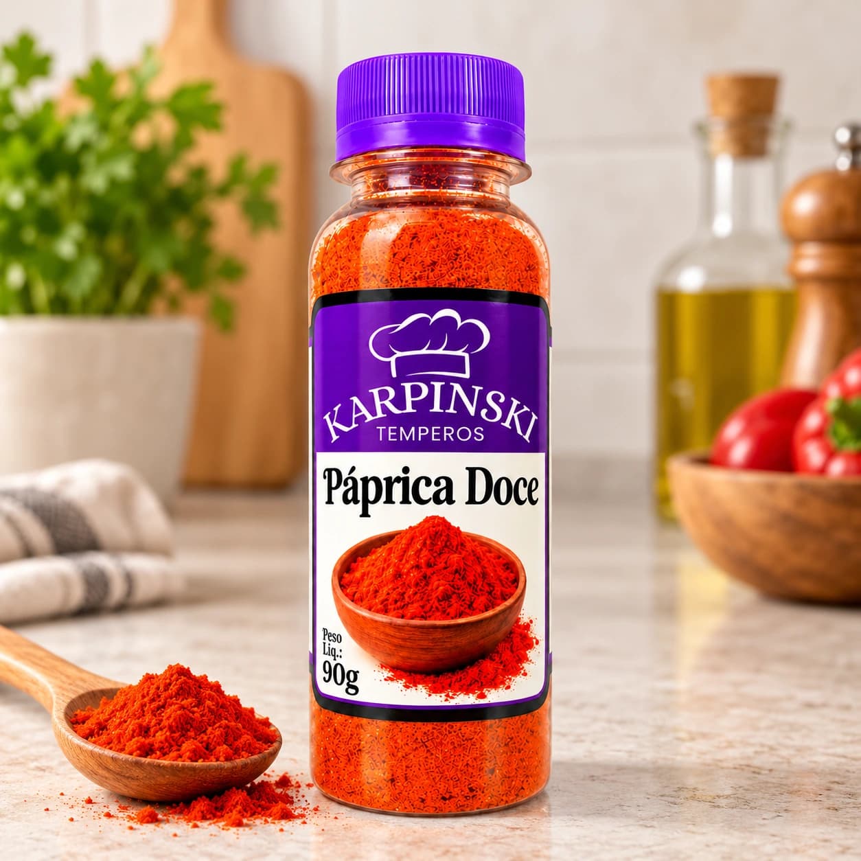 Páprica Doce Karpinski 90 g — detalhe da embalagem e do rótulo