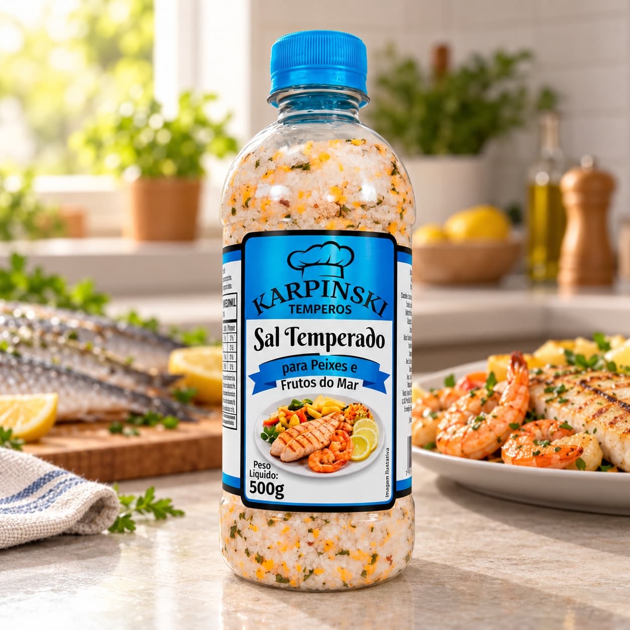 Sal Temperado para Peixes e Frutos do Mar Karpinski 500 g — na bancada da cozinha