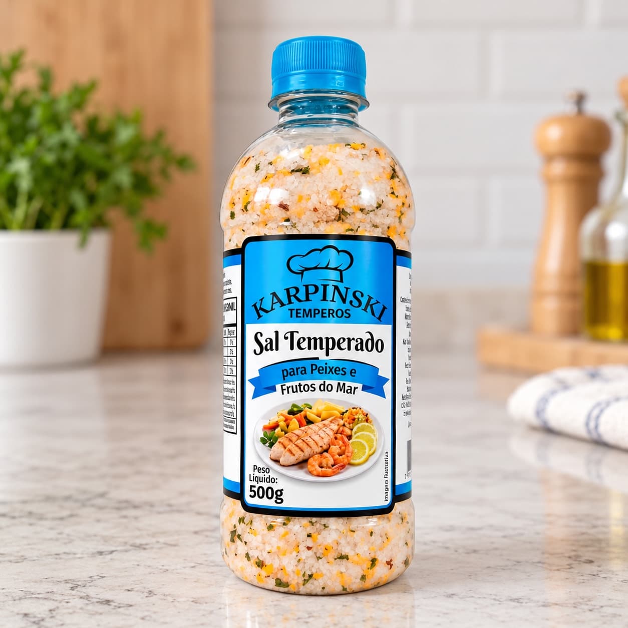 Sal Temperado para Peixes e Frutos do Mar Karpinski 500 g — detalhe da embalagem e do rótulo