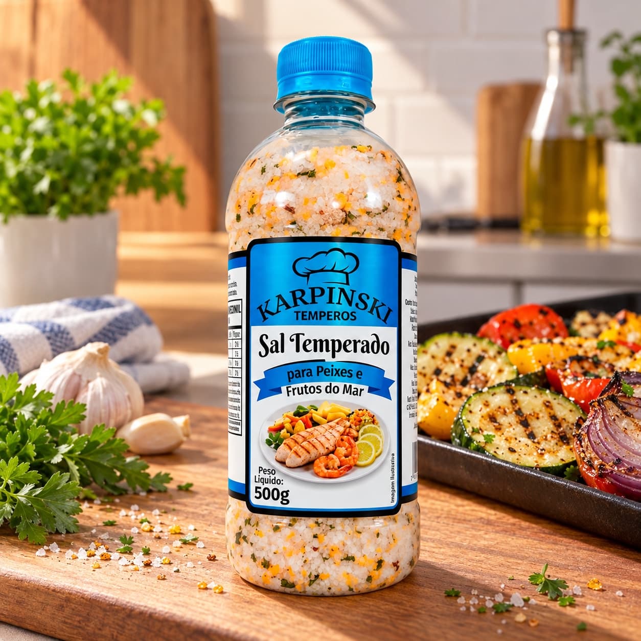 Sal Temperado para Peixes e Frutos do Mar Karpinski 500 g — no preparo com legumes grelhados