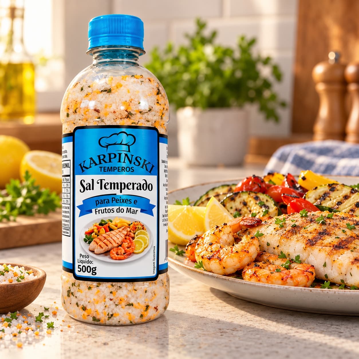Sal Temperado para Peixes e Frutos do Mar Karpinski 500 g — com legumes grelhados