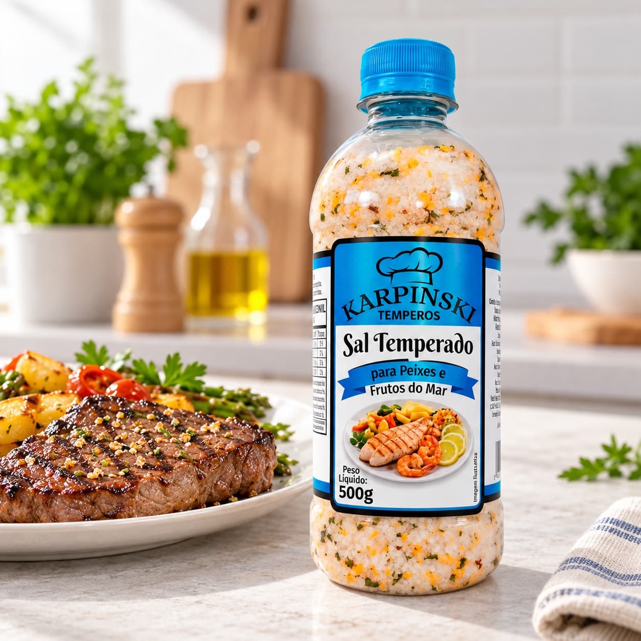 Sal Temperado para Peixes e Frutos do Mar Karpinski 500 g — ao lado de carne grelhada